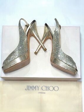 JIMMY CHOO CLUE GLITTER SLINGBACK PLATFORM PEEP TOE HIGH HEEL PUMPS SANDAL 37